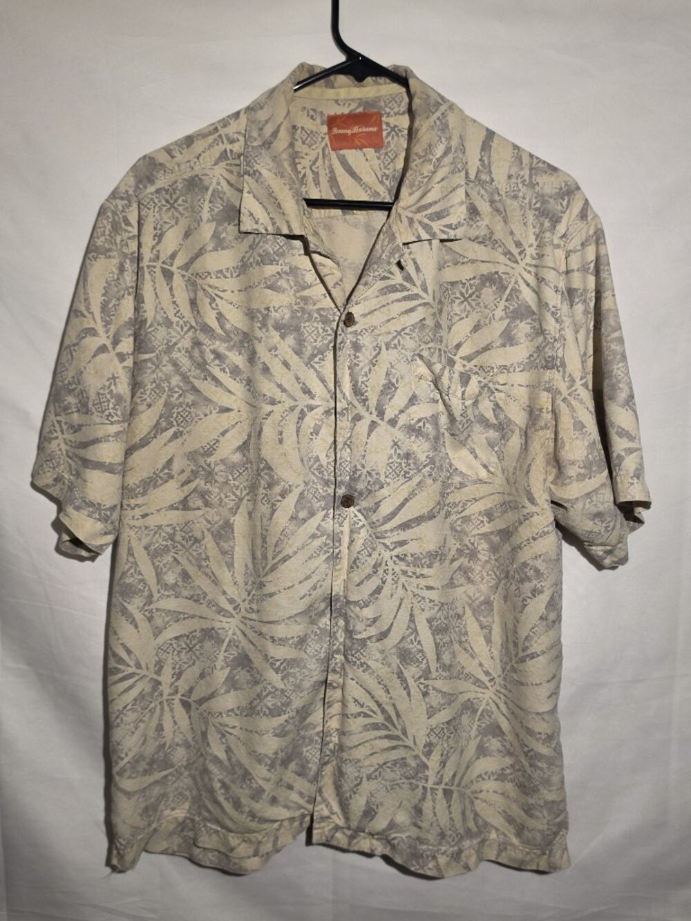 Tommy Bahama mens button up shirt beige floral vacation beach LARGE 100% SILK